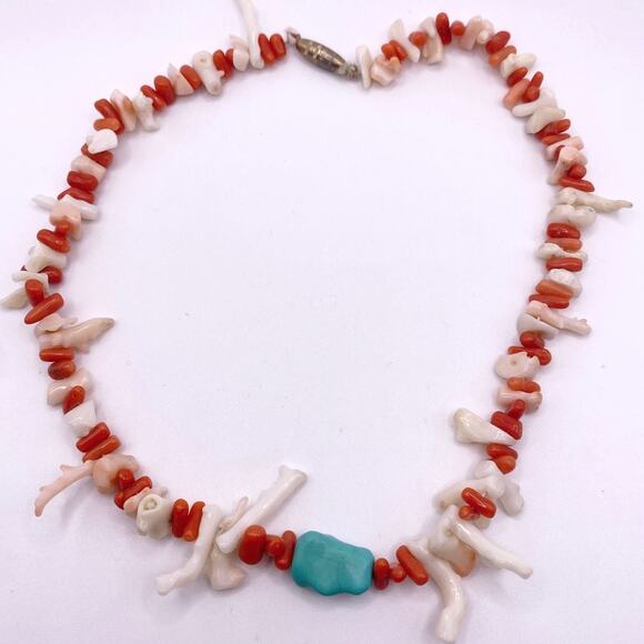 Vintage white And Pink Coral Necklace with Turquoise 16” Handmade - Picture 5 of 7
